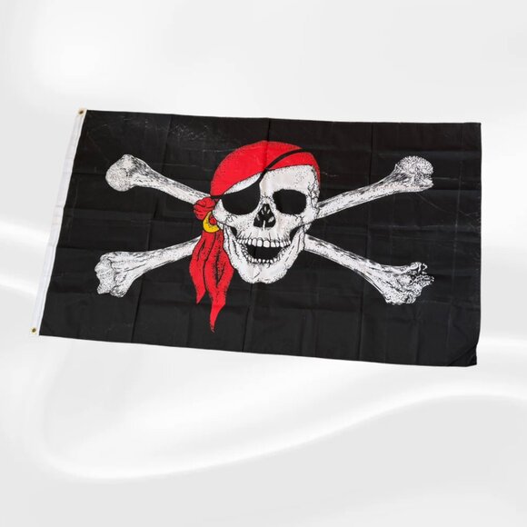 Pirate Skull & Crossbones Flag with Red Bandana – Jolly Roger Black Banner - Picture 4 of 4